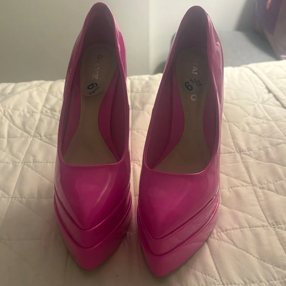 Women’s Patent Hot Pink Platform Pumps - Sleek High Heel Statement Shoe 6.5
